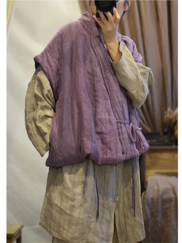New Chinese Style Warmth Linen Jacket Women's Zen Clothing Cotton  Outerwear Belted Hanfu Retro Shoulder Pad