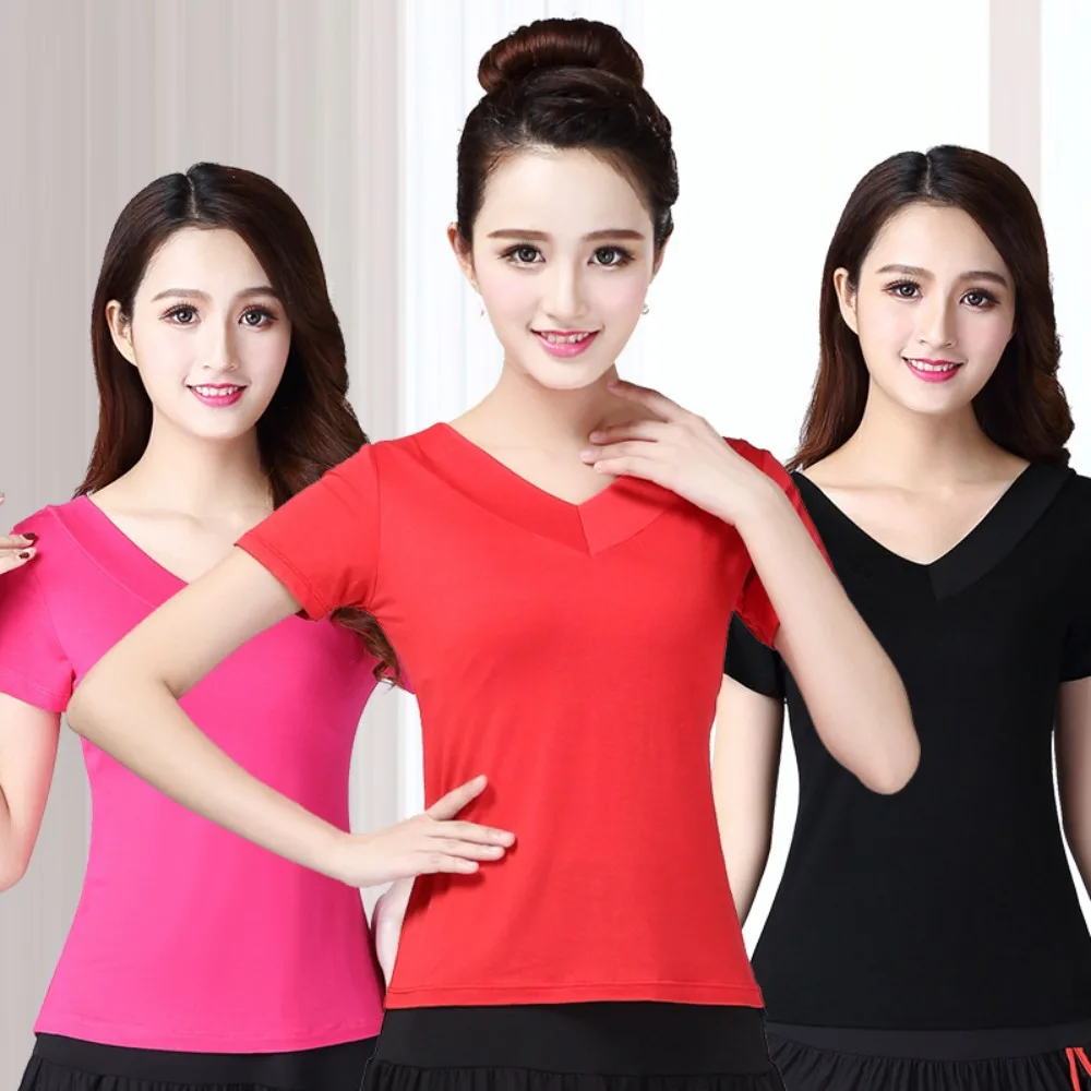 Senior Women's Square Dance Top - V-Neck Modal T-Shirt (Breathable Moisture-Wicking, Loose Fit for Dancing)