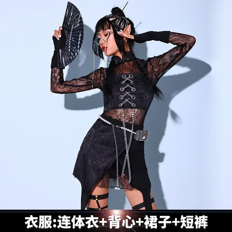 Kpop Stage Outfit White Black White Women Long Sleeve Crop Top Skirt Pants Street Dance Korean Idol Style Hip Hop Dance Clothes