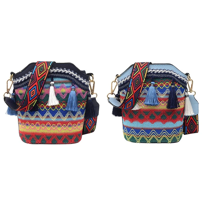 Bolso de hombro de paja tejido para mujer, bandolera de estilo étnico bohemio, a la moda, color azul marino y azul claro, NEW-2PCS