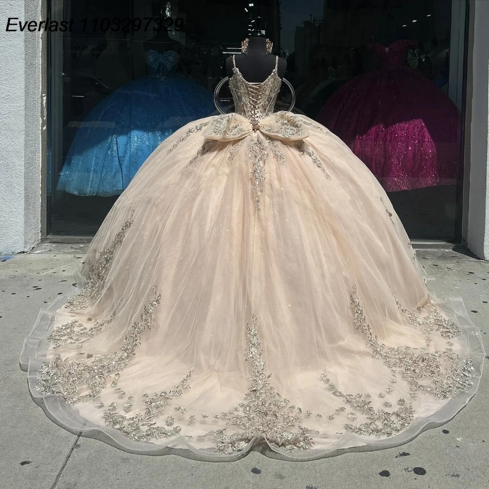 EVLAST Princess Champagne Quinceanera Dress Ball Gown Shiny paillettes Applique Beads Bow corsetto Sweet 16 Vestido De 15 Anos QD1049