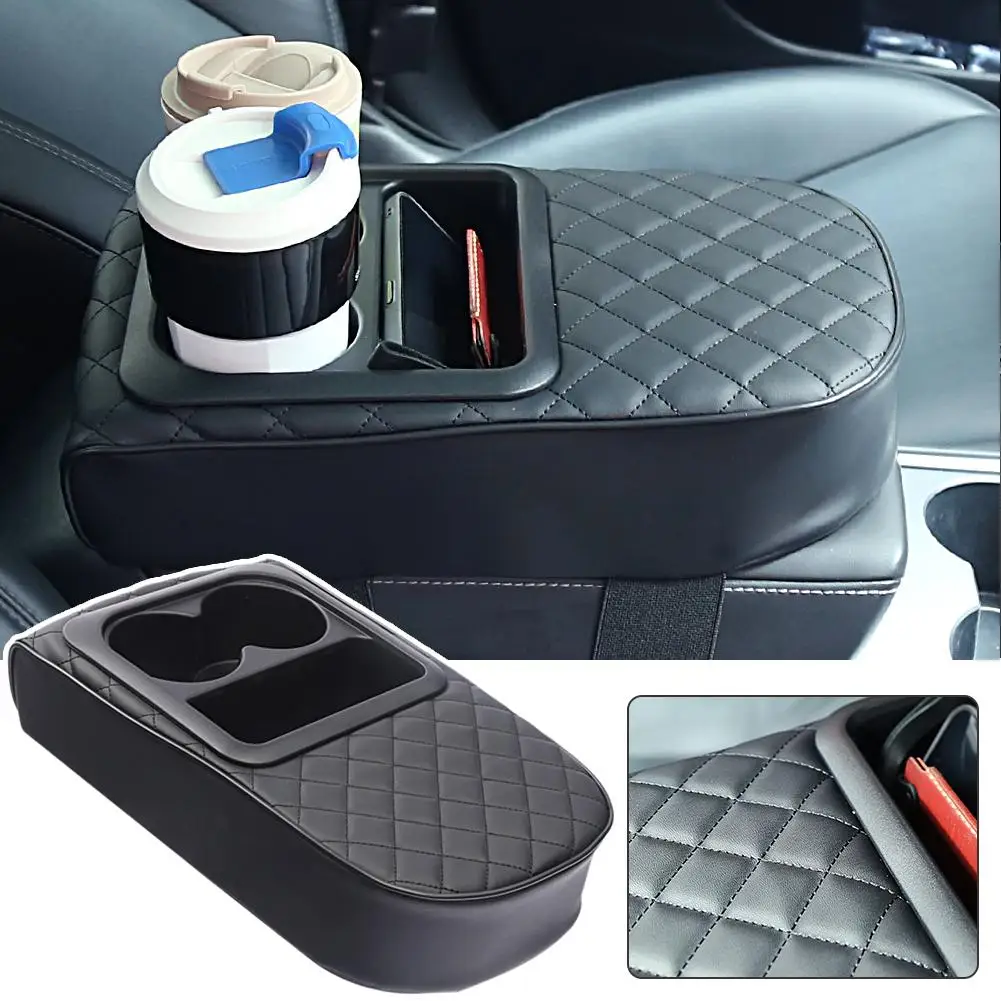 Car Armrest Pad With Cup Storage Holder Auto Center Leather Cushion Box Console Elbow Armrest Increase Interior Pad Accesso M9B7