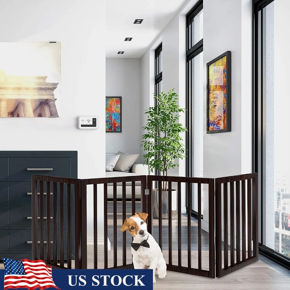 

Indoor Pet Fence 4 Panel Folding Dog Gate Freestanding Barrier Stairs Doorways Hallways Travel Friendly Dog Safety Gate