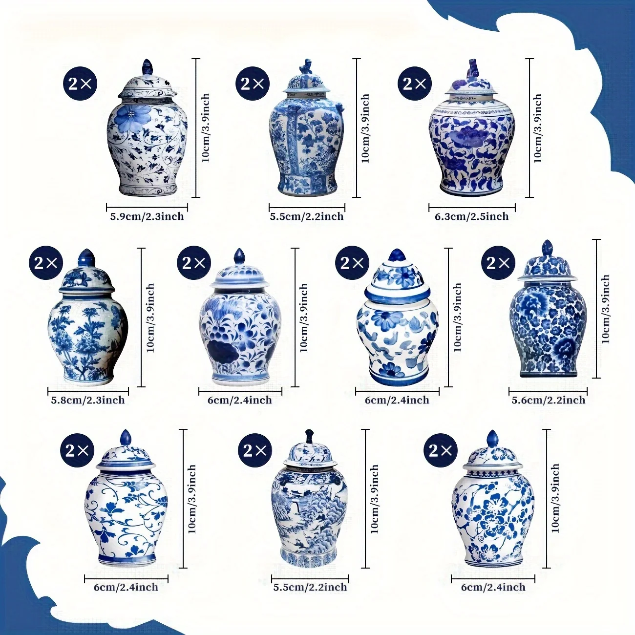 20Pcs Christmas Chinoiserie Ornaments Blue and White Chinoiserie Ginger Jar Ornaments Ginger Jar Ornament Chinoiserie Xmas Tree