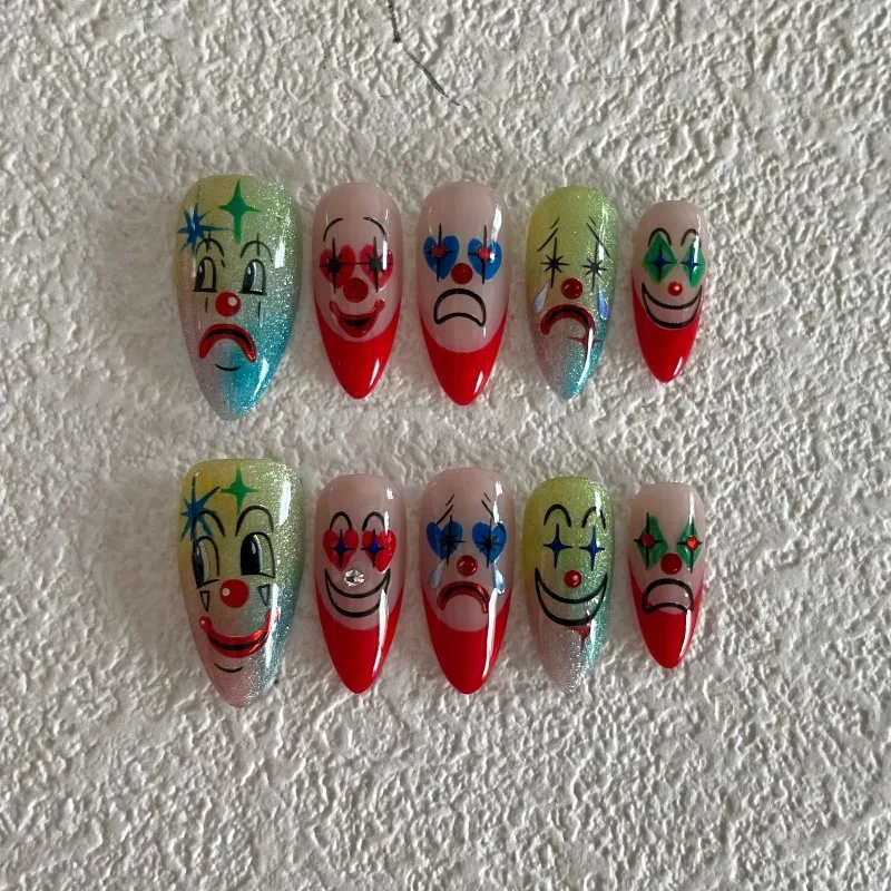 

10Pcs Almond Handmade Press on Nails Halloween Theme Acrylic Nails with Clown Masks Cool Y2K Nail Tips Wearable Manicure Art