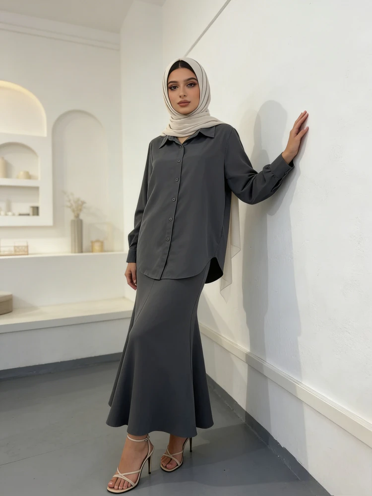 

Мусульманский весенний комплект: рубашка и юбка для женщин, облегающий сексуальный костюм из двух предметов, офисный стиль, рубашка с отложным воротником, юбка средней длины с высокой талией