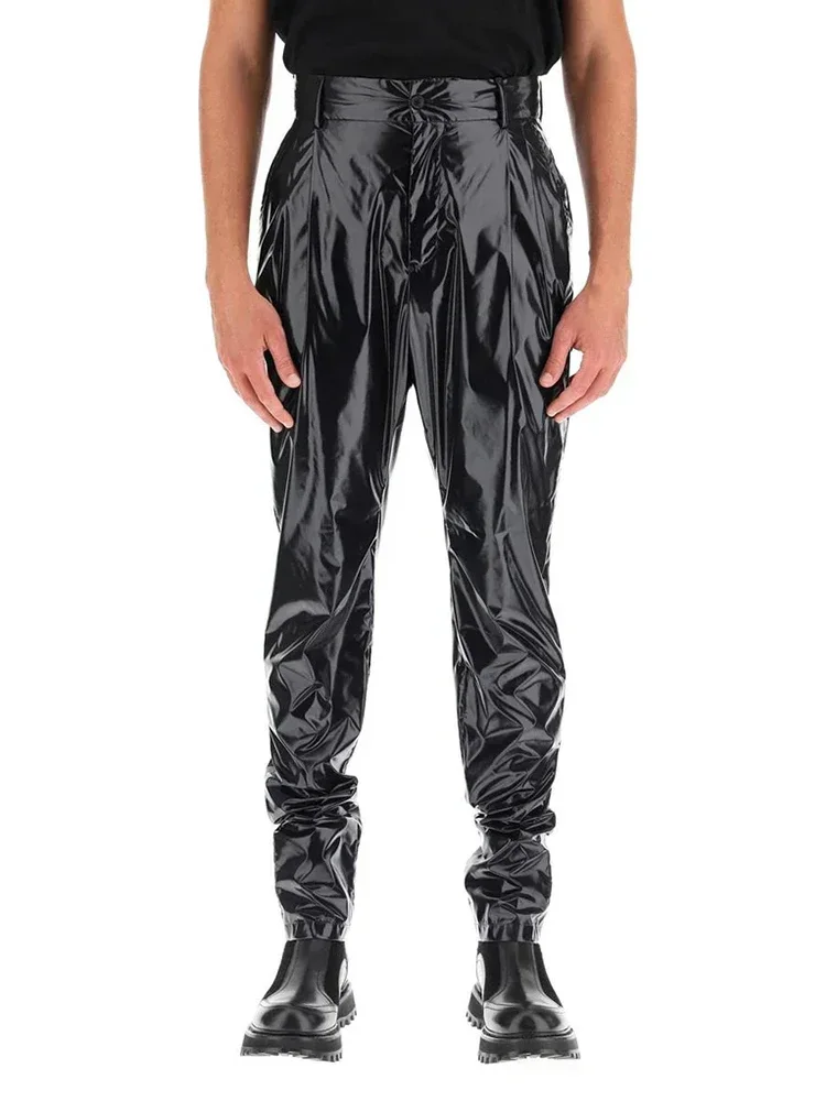 Men's Punk Faux Latex Pants Shiny Patent Leather Pleated Harlan Pants Male High Waist Stretch PU Trousers New Streetwear Custom