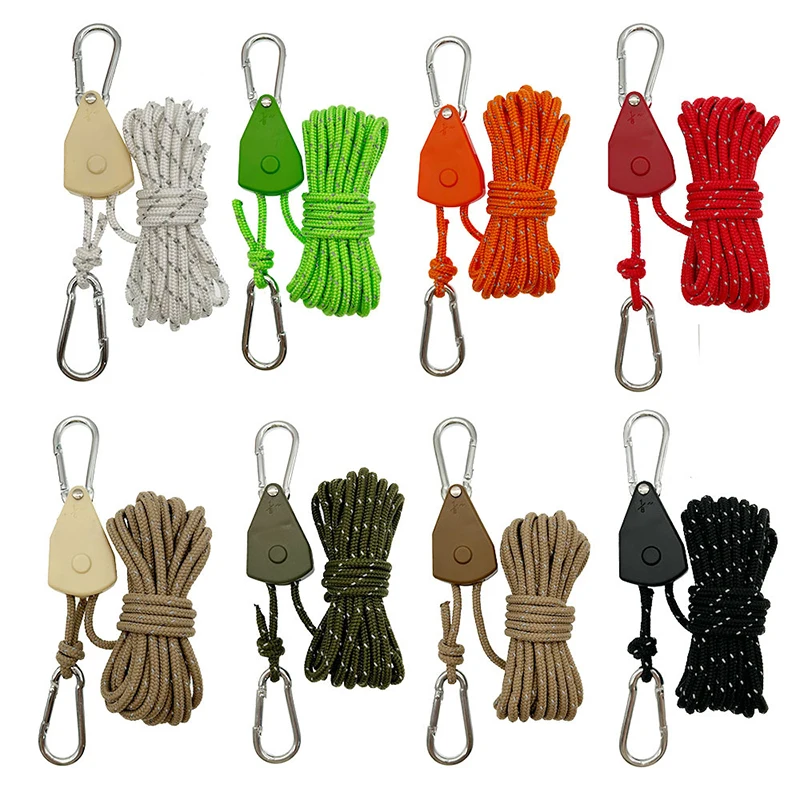 2m Camping Rope Tent Adjustable Rope Fastener Fixed Buckle Pulley Tensioner Ratchet Hangers Lights Camping Awning Wind Rope