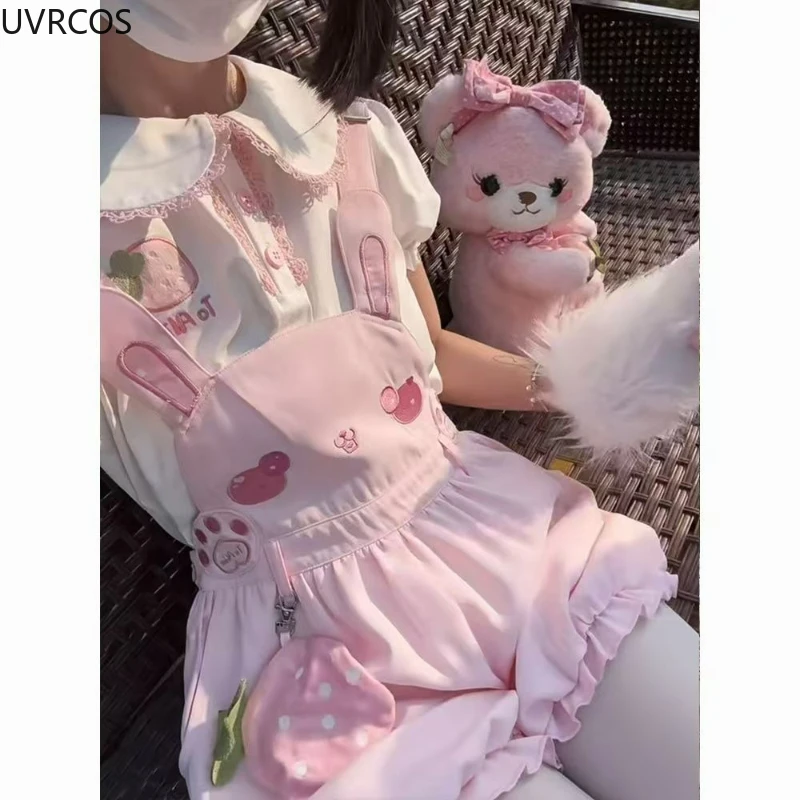 Japanese Kawaii Cute Lolita Style Shorts Set Women Sweet Strawberry Shirt Casual Overalls Bloomers Shorts Gothic Y2k Pink Outfit