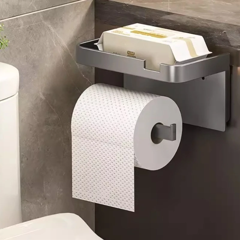 

‌Wall-Mounted Toilet Paper Holder with Phone Rack - No Hole Installation, Space-Saving Storage for Bathroom, Sturdy Stand