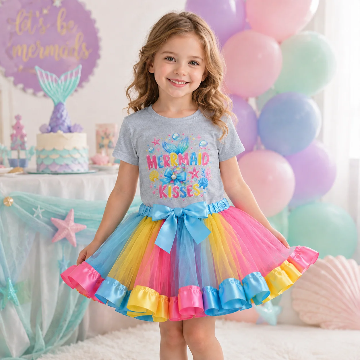 2-teiliges Meerjungfrauen-Outfit für Mädchen, bedrucktes T-Shirt mit „Mermaid Kisses“-Motiv und Regenbogen-Tutu-Rock für Geburtstag/Fotografie – Detail 3