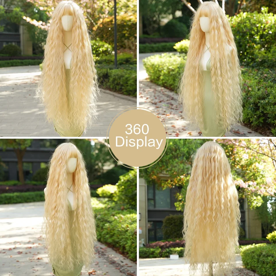 Peluca cosplay PARK YUN extra larga rubia con flequillo, rizos largos y sueltos, estilo Lolita, sintética resistente al calor, 44 pulgadas 5