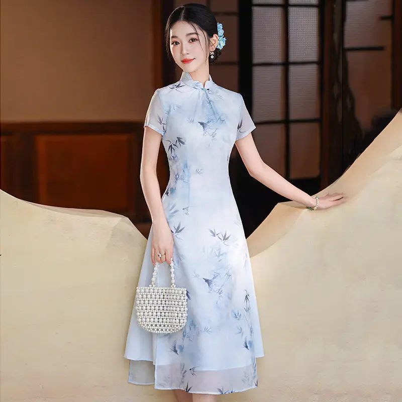 

Новое синее китайское традиционное платье Аодай: повседневное ципао из Сучжоу, улучшенная модель для молодых женщин, лето 2026