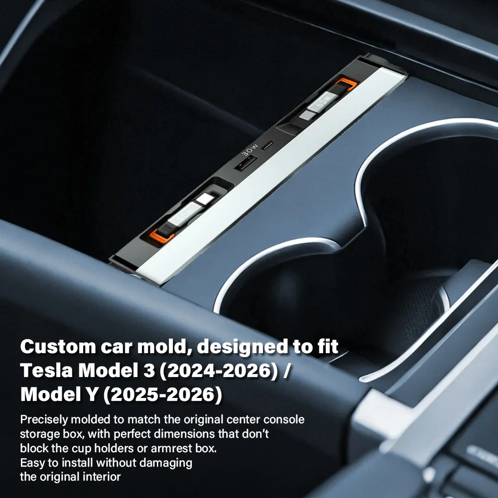 Retractable Center Console USB Hub For Tesla Model Y Juniper 2026 Model 3 Highland Phone Charger Fast Docking Station
