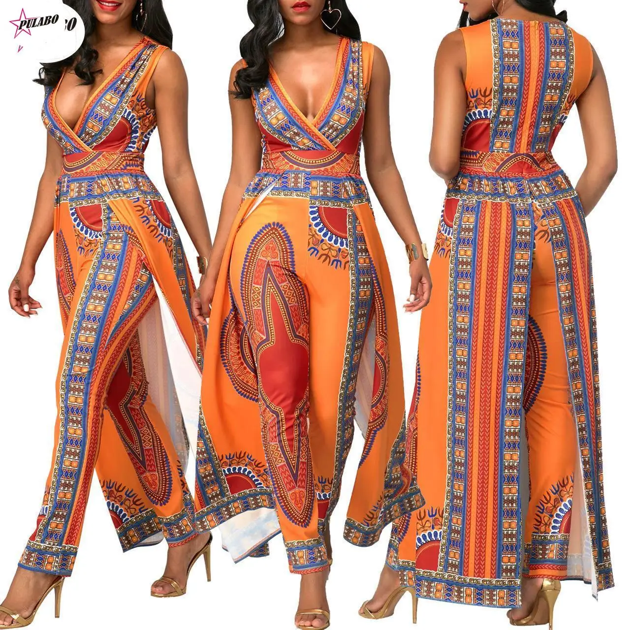 PULABO African Dresses For Women Fashion Summer Positioning Printing Orange Ethnic Pants Long Jumpsuit For Women Outfits