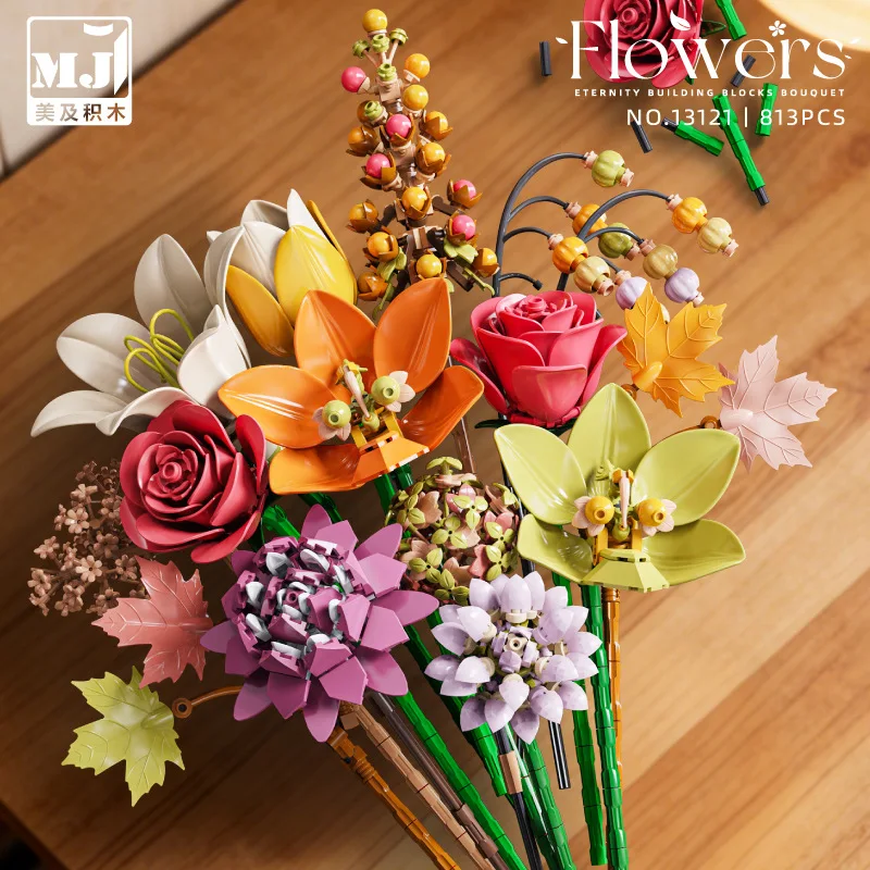 

13121 Preserved Flower Bouquet 813PCS Building Blocks Set Rose Maple Leaf Autumn Vibe Photo Props Girls Romantic Gift Desk Decor