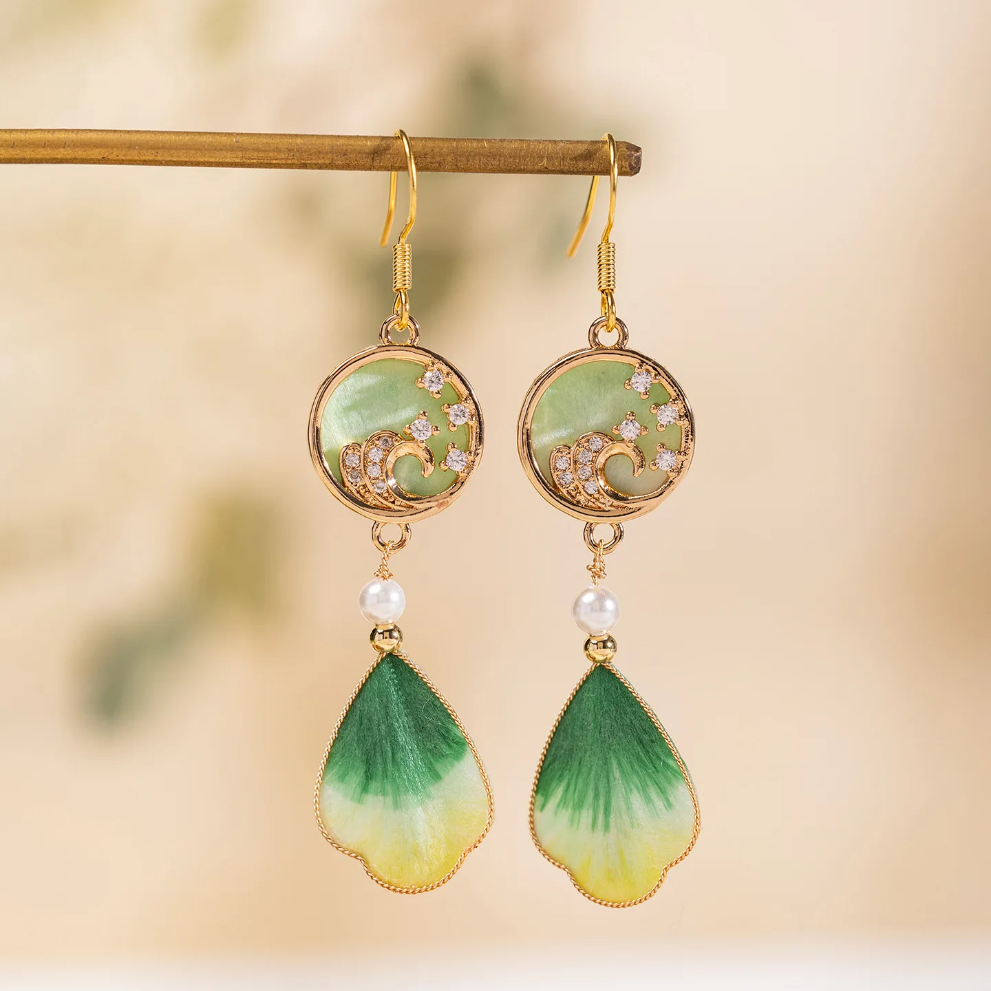 Handmade intangible cultural heritage fluff earrings women's green ear hook earrings fringed earrings
