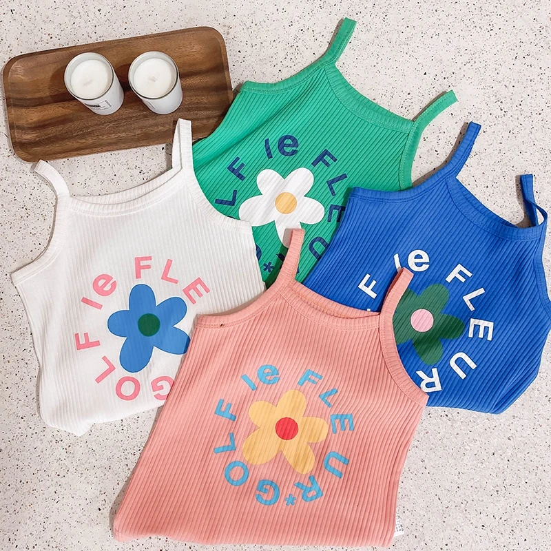 Summer Fashion Korean Style Baby Girl Children Kids Fresh Childlike Cute Simple Daisy Print Sleeveless Camisole Vest Top