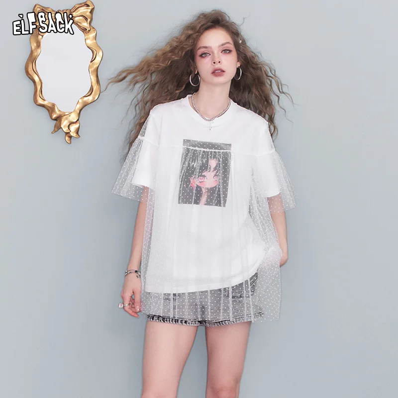 ELFSACK 2025 Summer New Arrival Loose Sweet Cool Polka Dot Mesh Patchwork White Animated Printed For Women T-Shirt