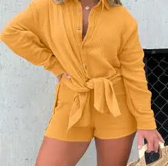 Two Piece Set Women Outfit 2023 Autumn Long Sleeve Shirt & High Waist Fashion Casual Shorts Set Ladies Suits Clothing