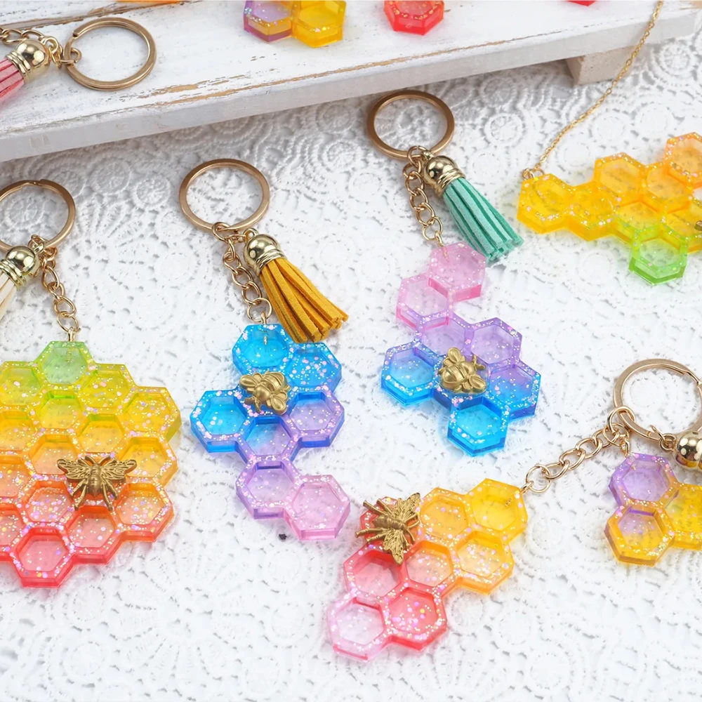 DIY Honeycomb Keychain Mold Epoxy Resin Coaster Set with House Number Pendant Mirror Silicone Mould for Home Decoration