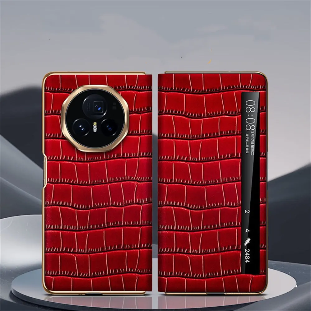Genuine Cowhide Leather Crocodile Magnetic Flip Case for Honor Magic V3 Window View Cover