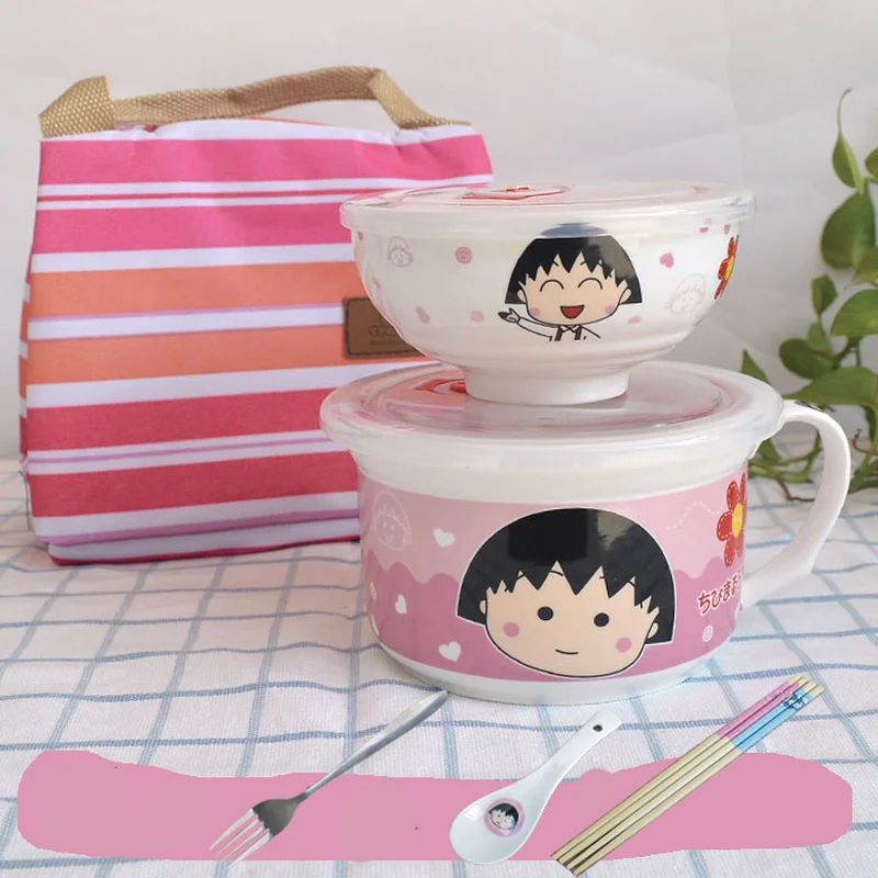 Ceramic Instant Noodle Bowl Japanese-style Large Cute Porcelain Bowl Cartoon Covered Tableware Student Dormitory with Single