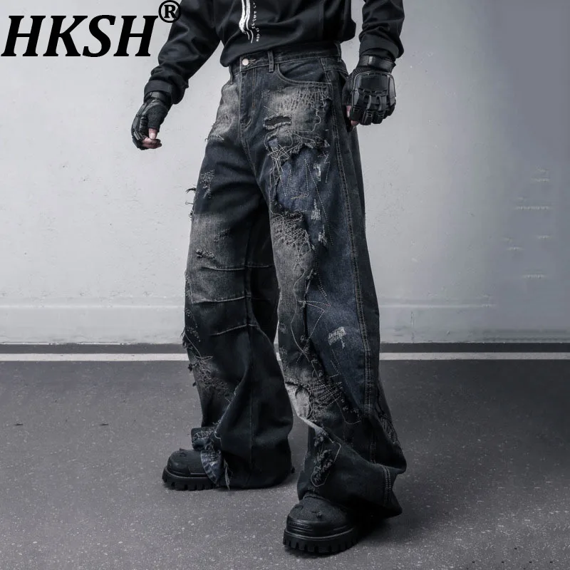 HKSH ربيع الخريف جديد الرجال الظلام نمط غسلها خمر المرقعة التطريز المتوترة حافة الجينز فضفاض واسعة الساق الدنيم السراويل HK13295