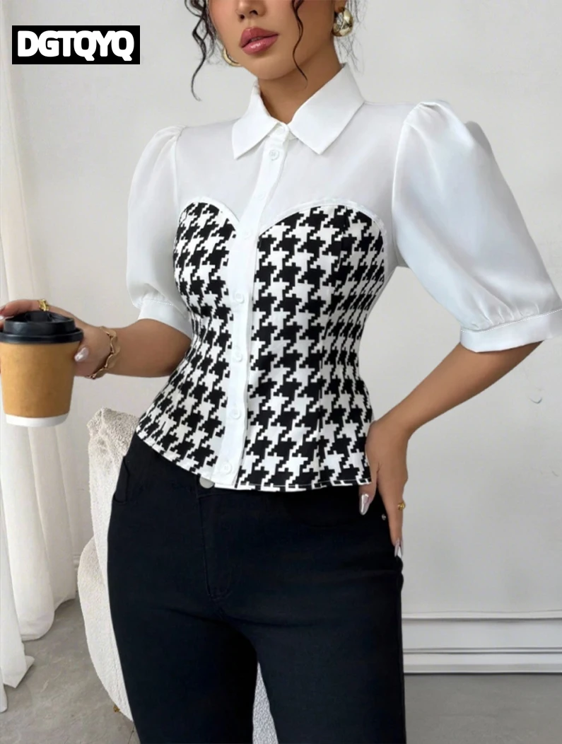 Polo Collar Stitching Houndstooth Shirt Women's Summer Design Sense Niche Pure Desire Sweet Hot Girl Short Puff Sleeve Top