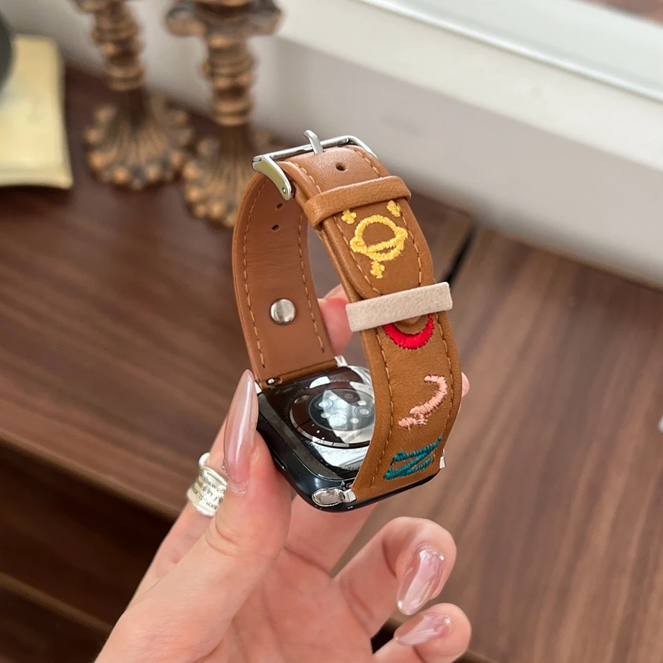 Embroidered Leather Straps For Apple Watch Band 9 8 7 6 5 4 Ultra 2 Summer Bracelets Iwatch Series 38mm 40mm 41mm 49mm 44mm 45mm