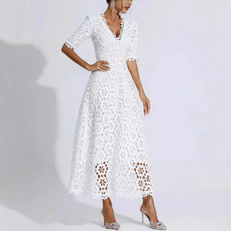 Robe de soirée élégante en dentelle, Corset ajouré, Sexy, Y2K, bureau, manches courtes, col en V, fluide, style Boho, longue robe de plage