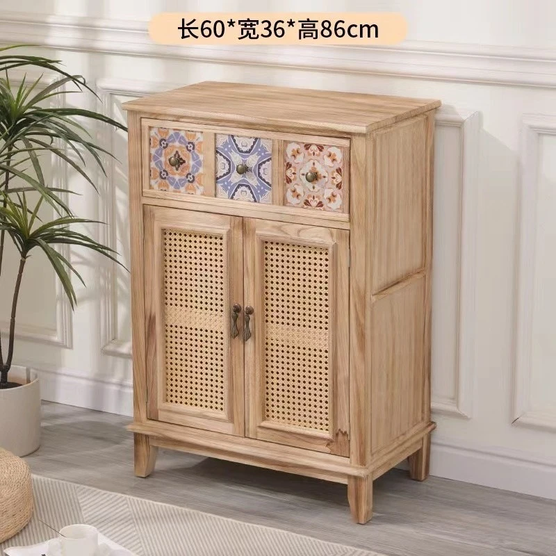Retro side cabinet, entrance  cabinet rattan bucket cabinet