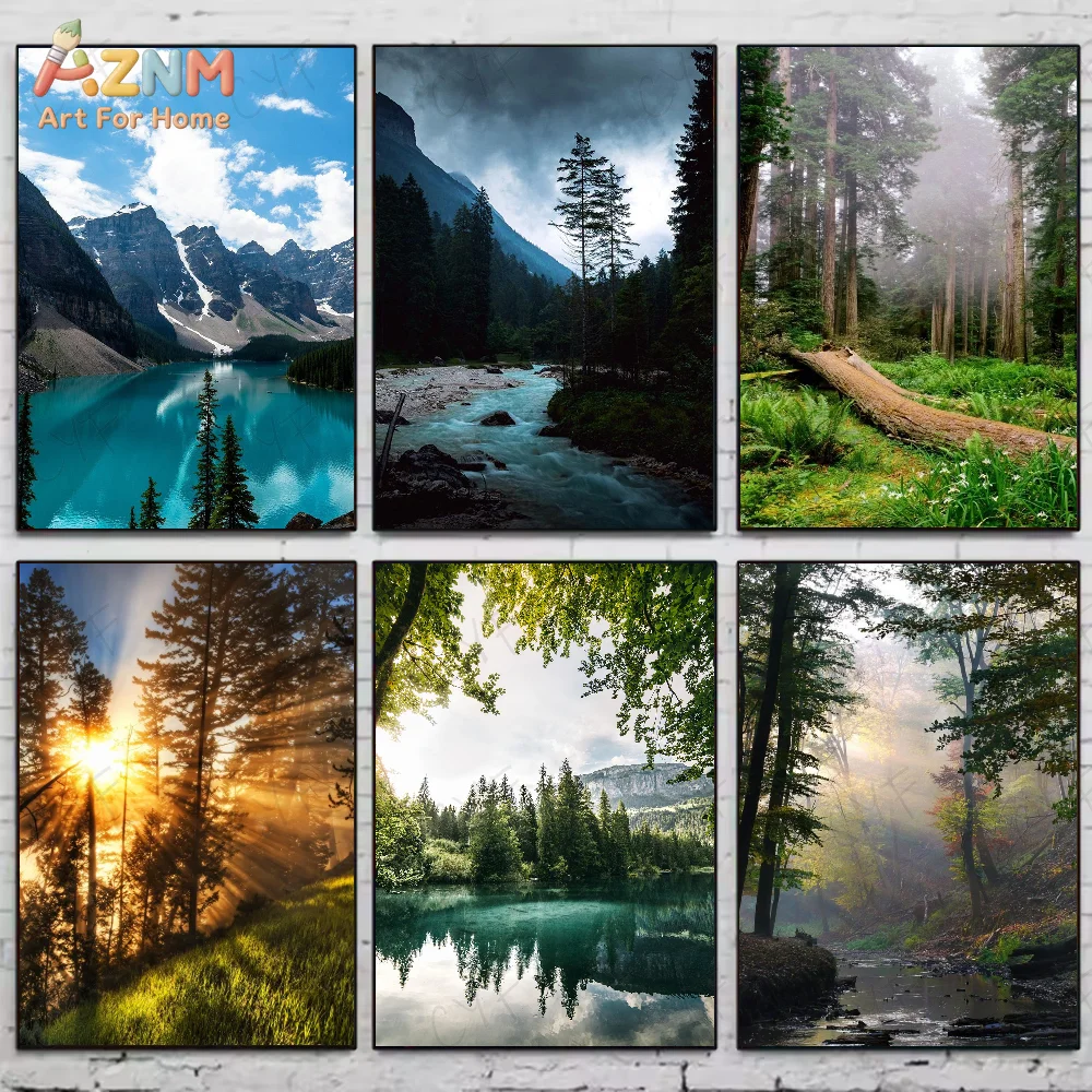 AZNM Natural Forest Mountain Lake Canvas Wall Art Print, Misty Pine Wood Stream Sunrise Scenery Wild Landscape Rustic Living Roo