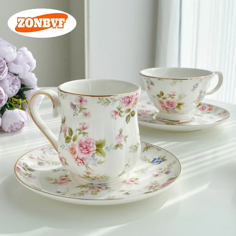 

European Style Flower Ceramic Mugs Vintage Gold Edged Milk Cup Light Luxury Coffee Cups Breakfast Mug Kitchen Drinkware