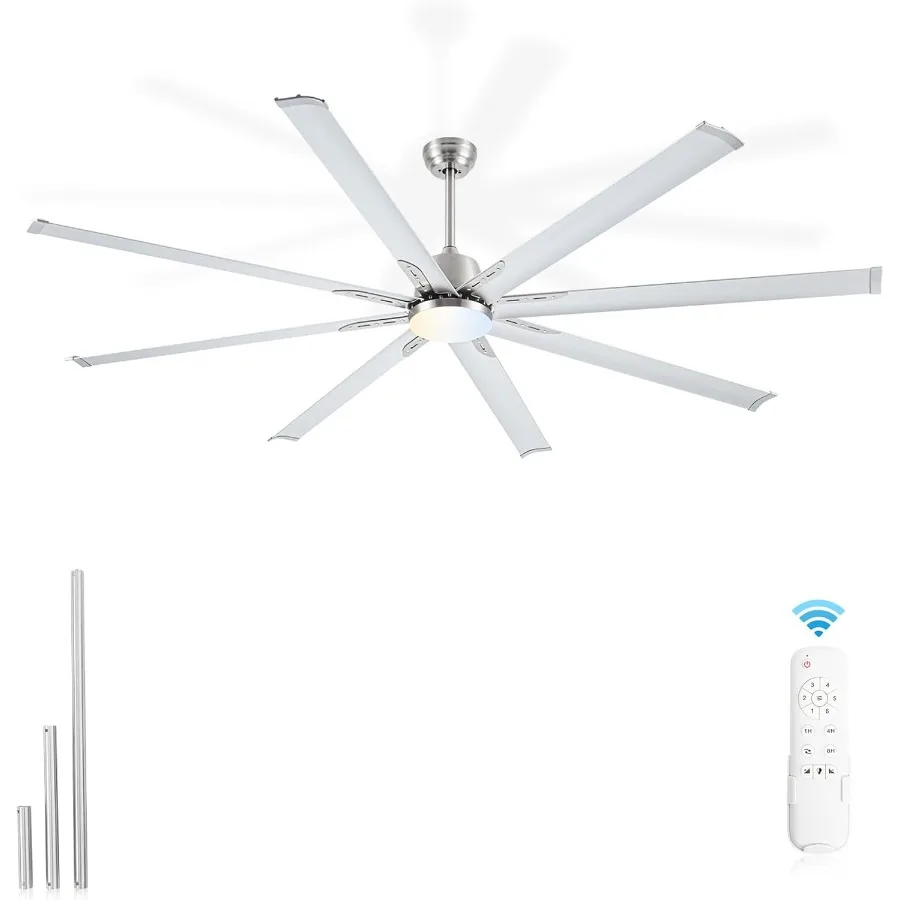 مروحة سقف صناعية مقاس 84 بوصة مزودة بإضاءة مدمجة وجهاز تحكم عن بعد تتميز بـ 8 شفرات من الألومنيوم المصقول و6 سرعات ضوضاء