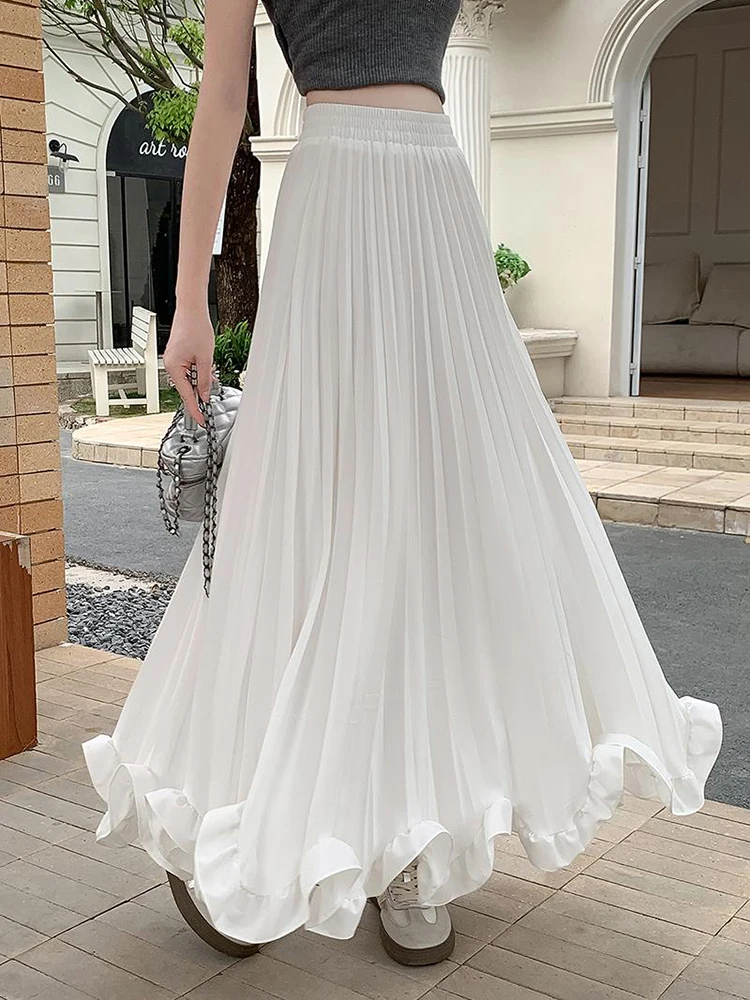 Jmprs Rüschen Chic Weiß Langen Rock Frauen Mode Hohe Taille Design Süße EINE Linie Röcke Elegante Sommer Weibliche Koreanische Lange Röcke