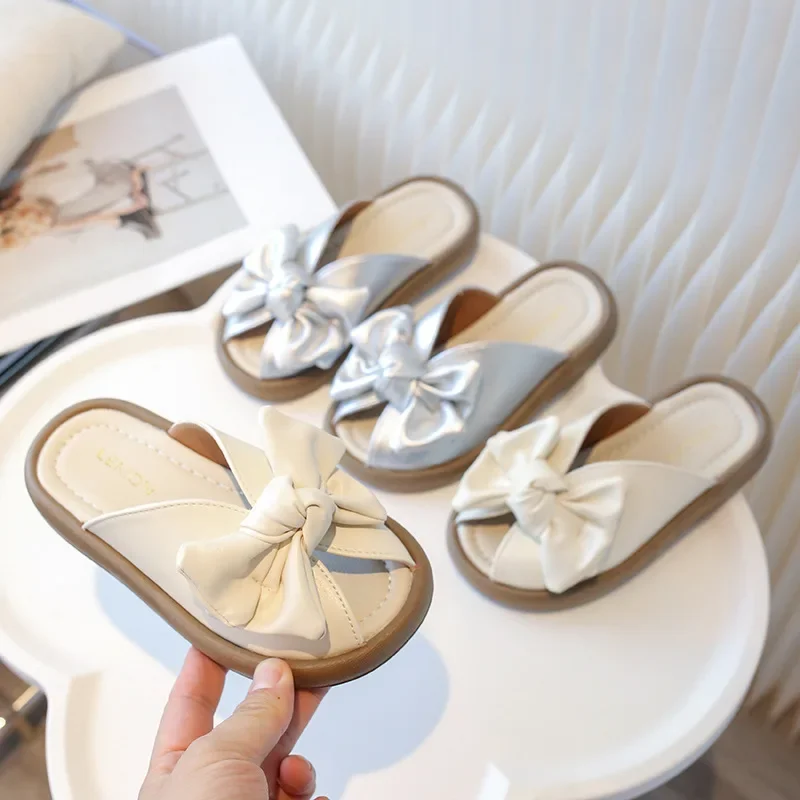 

Toddler Girls Slippers Outdoors Big Bow Korean Style Kids Princess Shoes Solid Color 2025 Summer New Children Sandals Soft Sole