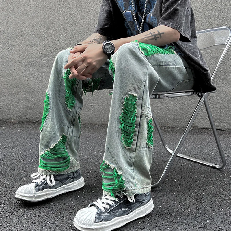 

2024 Fashion Men Spring Autumn Baggy Ripped Holes Jeans Pants Mens Straight Hip Hop Trousers Male Oversize Loose Denim Pant F111