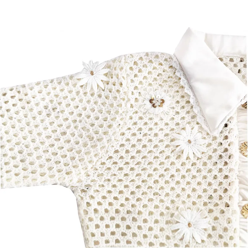 2025 Spring New Lapel Long-sleeved Flower Bead Stitching Loose Thin Hollow Knitted Cardigan Jacket For Women