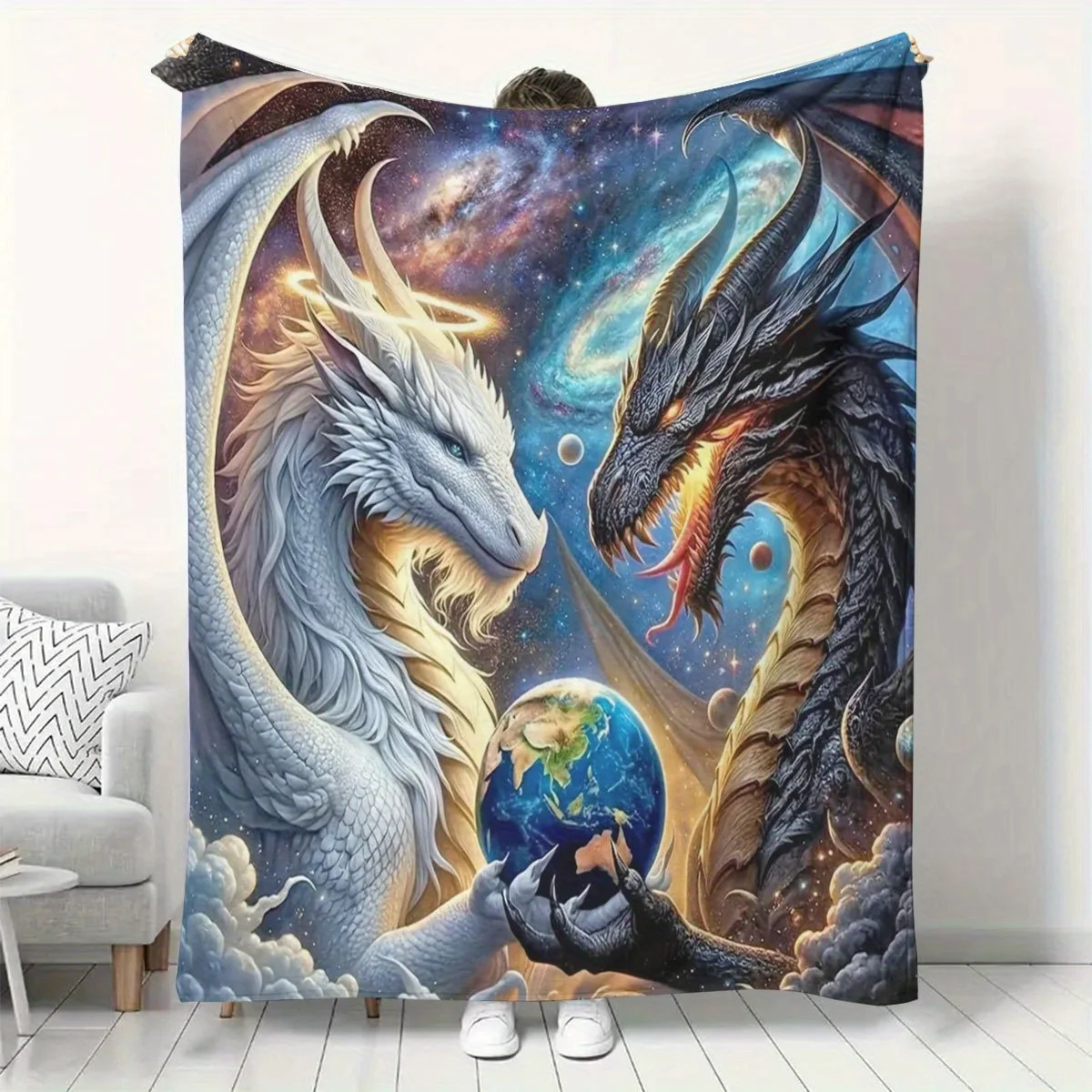 Double Dragon Design Pattern Flannel Blanket - Refreshing and Comfortable All-Season Flannel Blanket, Soft and Warm Throw, Suita