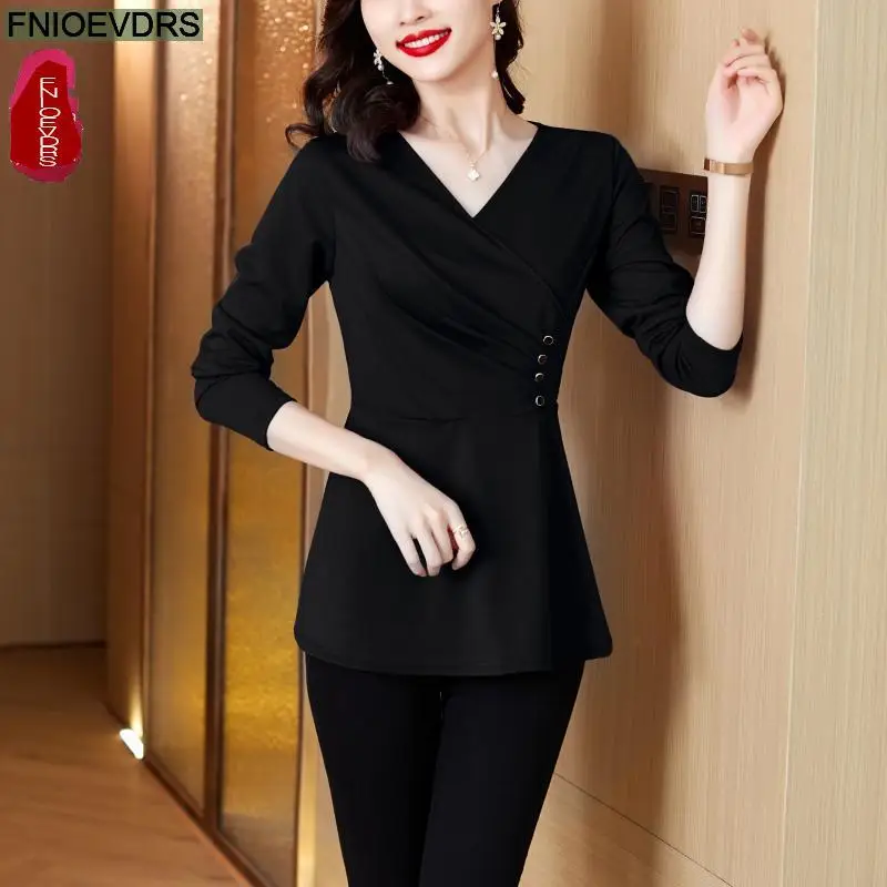 M-5XL Women Elegant Office Lady Retro Vintage Loose V Neck Peplum Tops Work Peplum Black Lace Long Tunic Basic Shirt Blouses