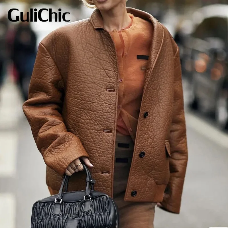 GuliChic-Veste décontractée en peau de mouton pour femme, manteau à boutonnage simple, col rabattu, haute qualité, nouveau, 7.24, 2024