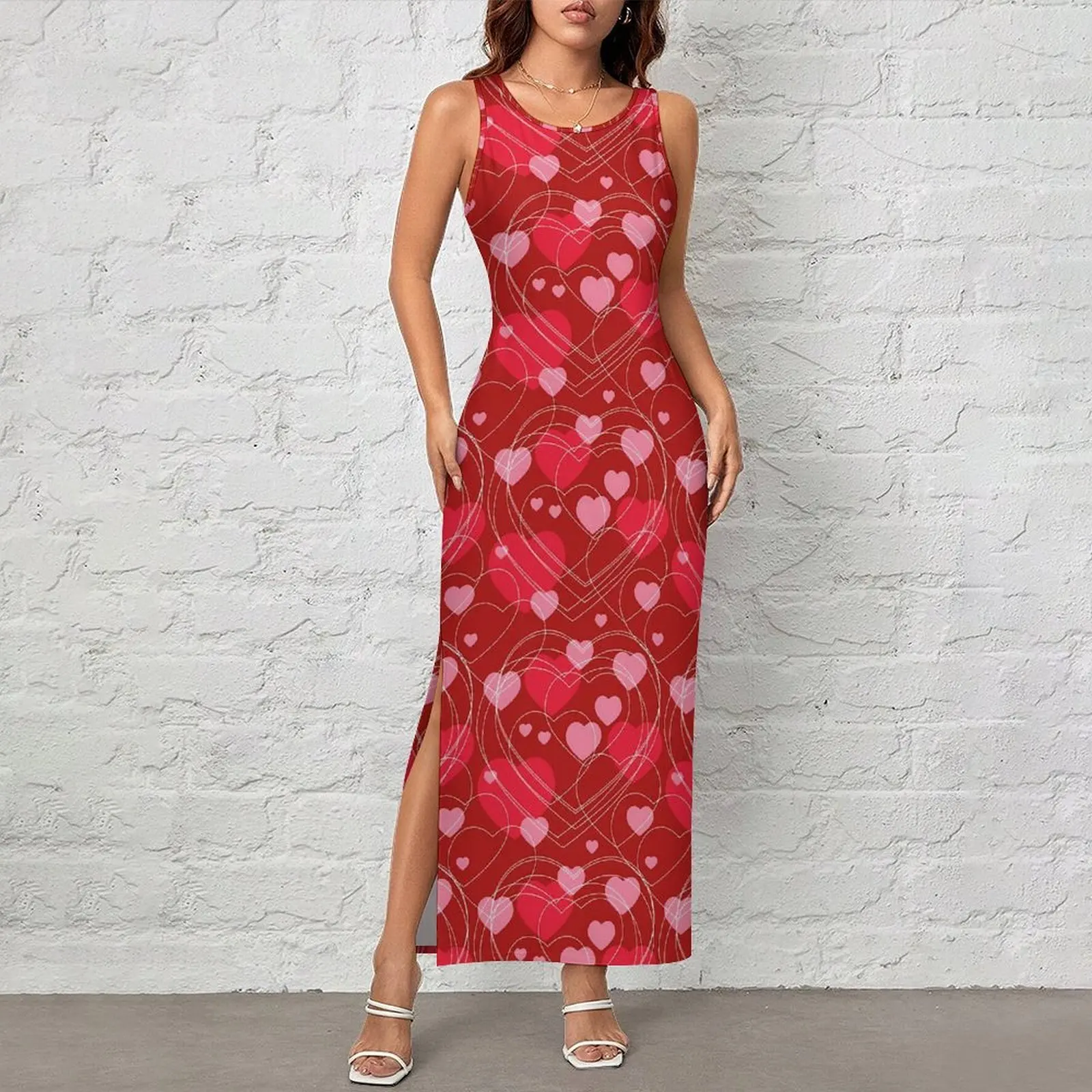 Ladies Bodycon Dress Vintage Valentine Hearts Maxi Dresses Summer Red And Pink Sleeveless Y2K Fashion Custom Dress Large Size