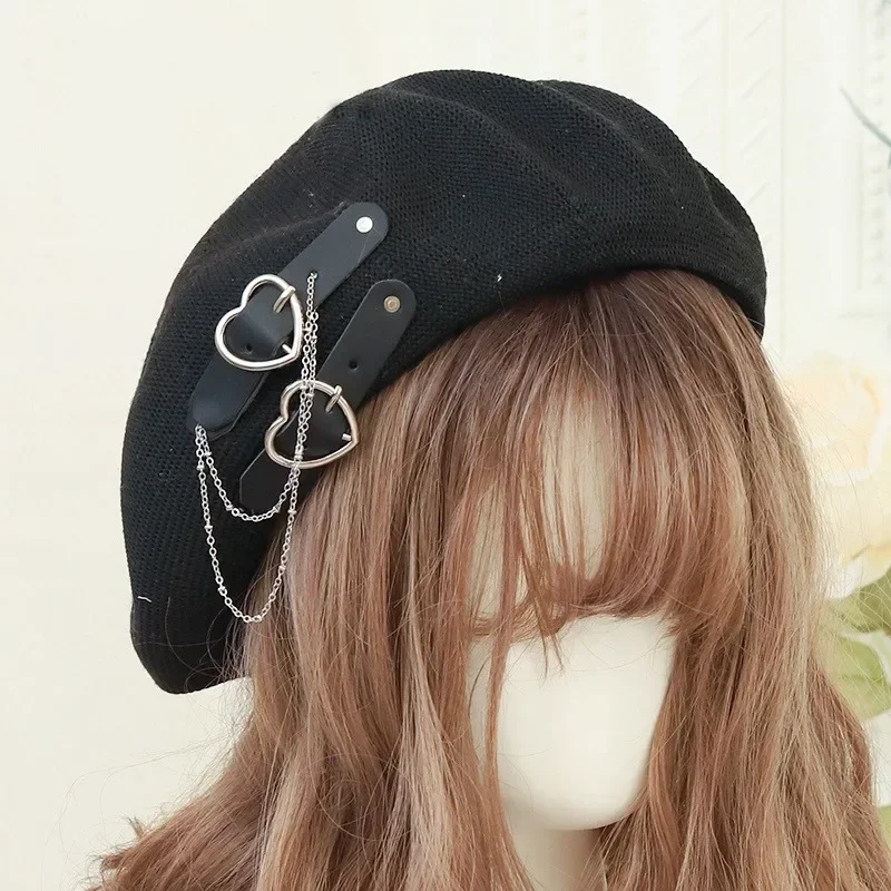 Gothic Lolita Black Punk Beret Harajuku Women Girls Summer Breathable Heart Buckle Beanie JK Hat Accessories