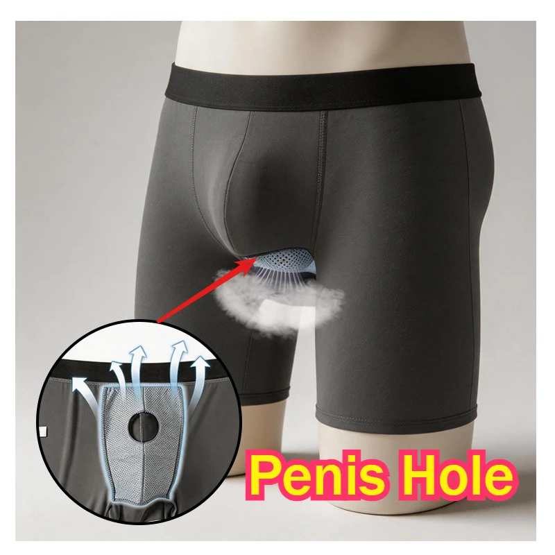 Men's Front Penis Hole Breathable Sexy Boxes Quick Dry Slim Fit Fitness Panties U-Pouch Long Underpants Summer Underwear Shorts