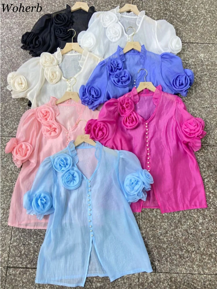 2024 Blusas Mujer De Moda Summer Two-piece Set Blouses 3D Flower Puff Sleeve Vintage Shirts V Neck See Through All Match Tops