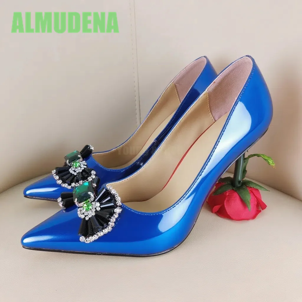 Pointed Diamond Studded Wedding Shoes Fashionable Temperament Flower Shaped Slim Heels Multi-Color Patent Leather Single Shoes
