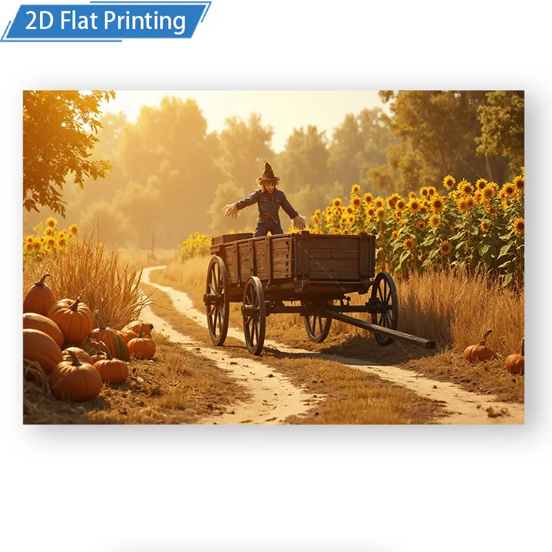 [2D شقة] 1 قطعة 4x16 بوصة علامة معدنية ريفي الخريف الفزاعة عربة عباد الشمس الميدان 2D شقة طباعة المعادن جدار ديكور فني