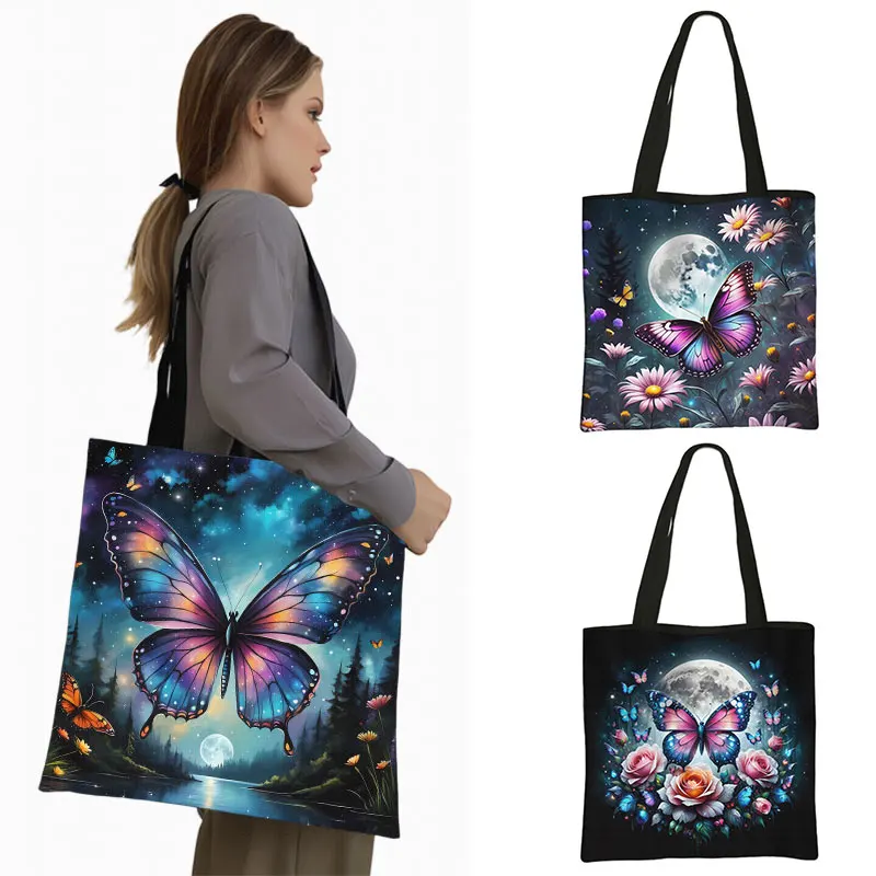 

Vintage Moon Butterfly Print Shoulder Bag Canvas Totes Bags Women Flower and Plant Handbag Reuseable for Travel Shopping Bags
