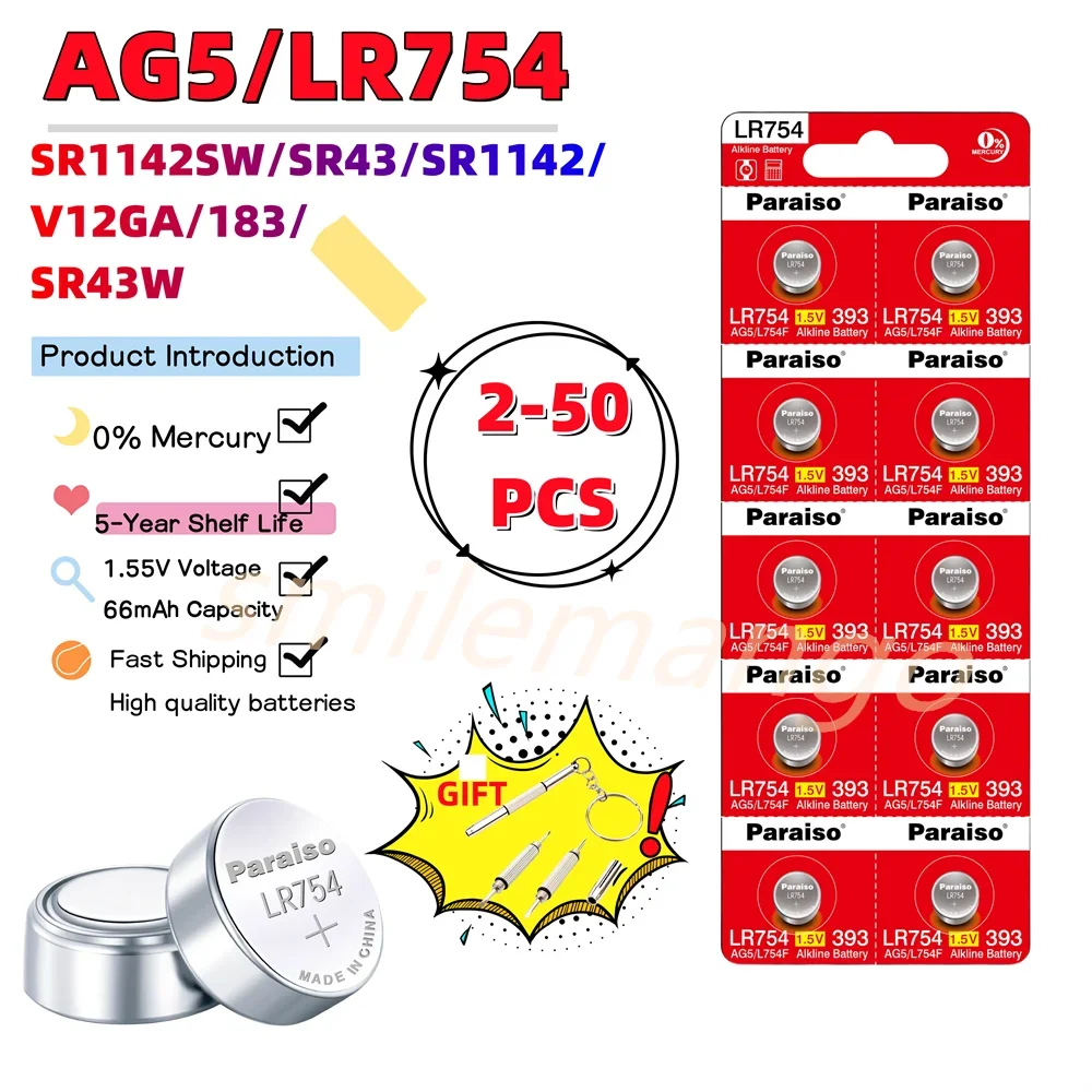 NEW 2-10PCS AG5 LR754 1.55V Battery 309 D393 G5 G5A L754 LR48 LR754 RW28 SR48 Button Coin Cell For Watch Toy Remote Control